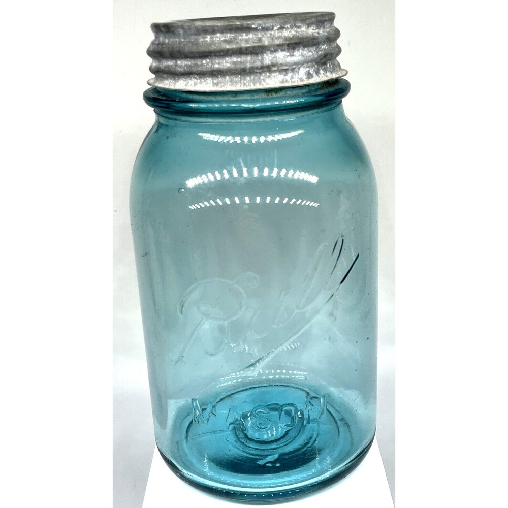 Antique Ball Mason Aqua Quart Jar 1910-1923 Zinc Lid Milk Glass Liner #2A